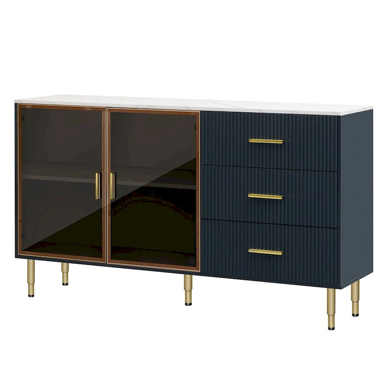 Buffet en MDF blanc/bleu marine/noir avec portes en verre trempé, 3 tiroirs et pieds en métal