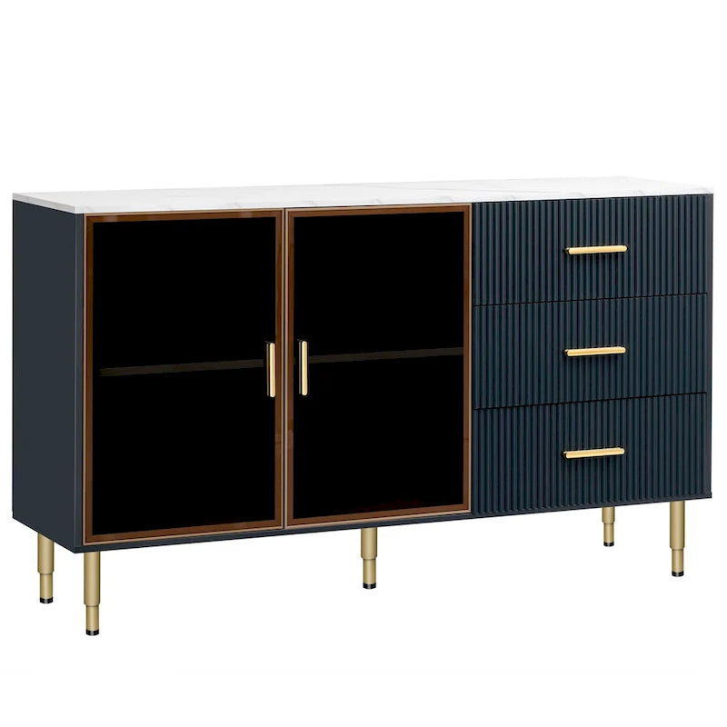 Buffet en MDF blanc/bleu marine/noir avec portes en verre trempé, 3 tiroirs et pieds en métal