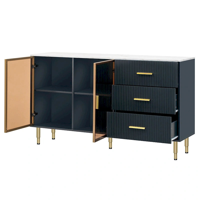 Buffet en MDF blanc/bleu marine/noir avec portes en verre trempé, 3 tiroirs et pieds en métal
