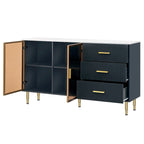 Buffet en MDF blanc/bleu marine/noir avec portes en verre trempé, 3 tiroirs et pieds en métal