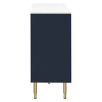 Buffet en MDF blanc/bleu marine/noir avec portes en verre trempé, 3 tiroirs et pieds en métal
