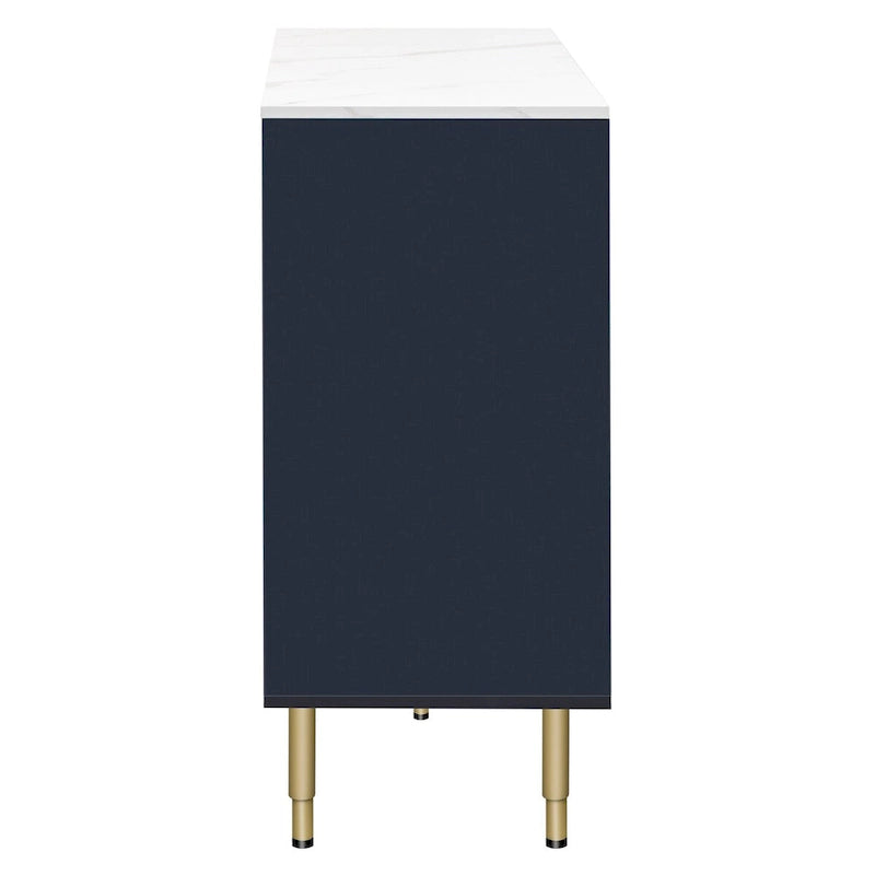 Buffet en MDF blanc/bleu marine/noir avec portes en verre trempé, 3 tiroirs et pieds en métal