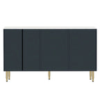 Buffet en MDF blanc/bleu marine/noir avec portes en verre trempé, 3 tiroirs et pieds en métal