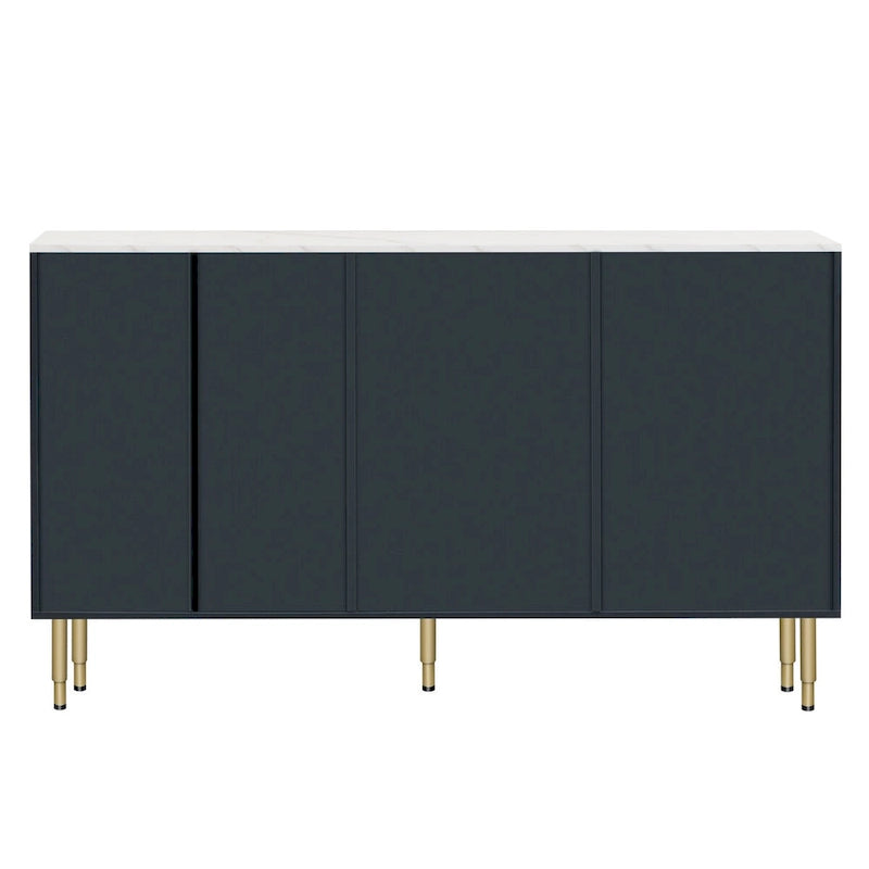 Buffet en MDF blanc/bleu marine/noir avec portes en verre trempé, 3 tiroirs et pieds en métal