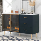 Buffet en MDF blanc/bleu marine/noir avec portes en verre trempé, 3 tiroirs et pieds en métal