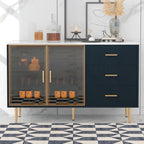 Buffet en MDF blanc/bleu marine/noir avec portes en verre trempé, 3 tiroirs et pieds en métal