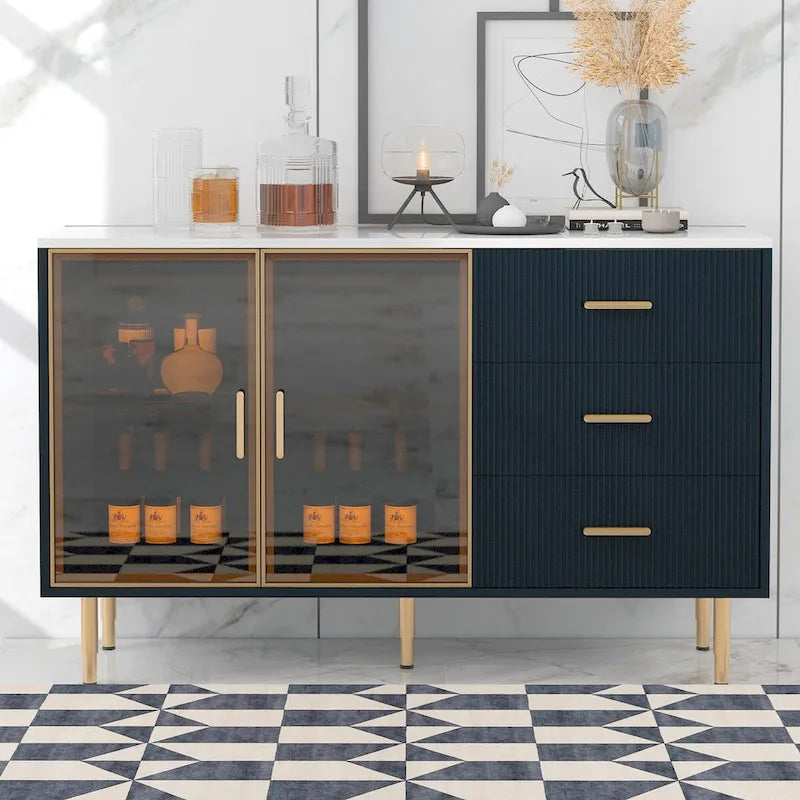 Buffet en MDF blanc/bleu marine/noir avec portes en verre trempé, 3 tiroirs et pieds en métal