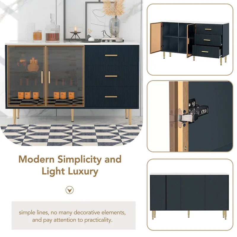 Buffet en MDF blanc/bleu marine/noir avec portes en verre trempé, 3 tiroirs et pieds en métal