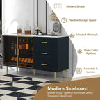 Buffet en MDF blanc/bleu marine/noir avec portes en verre trempé, 3 tiroirs et pieds en métal