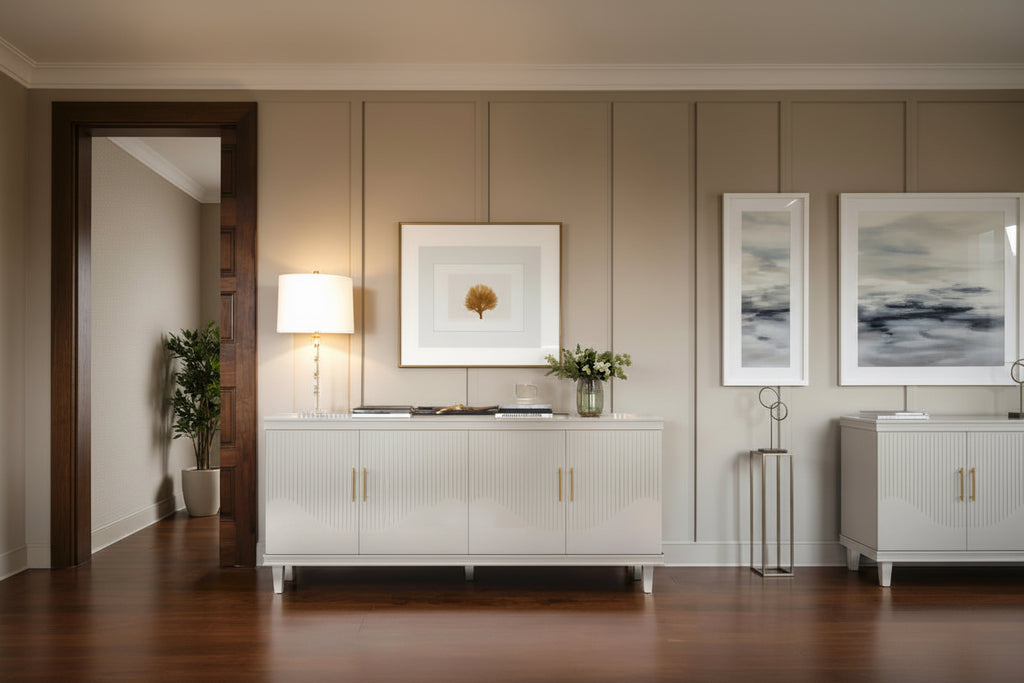 Buffet 4 portes vert olive/champagne avec étagères réglables