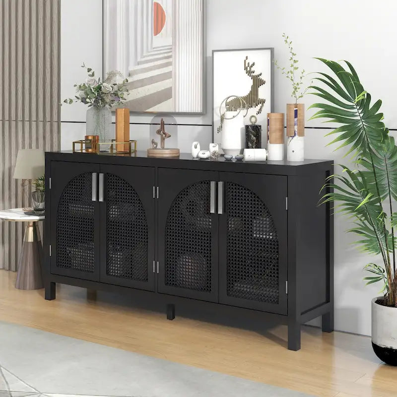 Buffet à 4 portes en rotin gris/blanc/noir