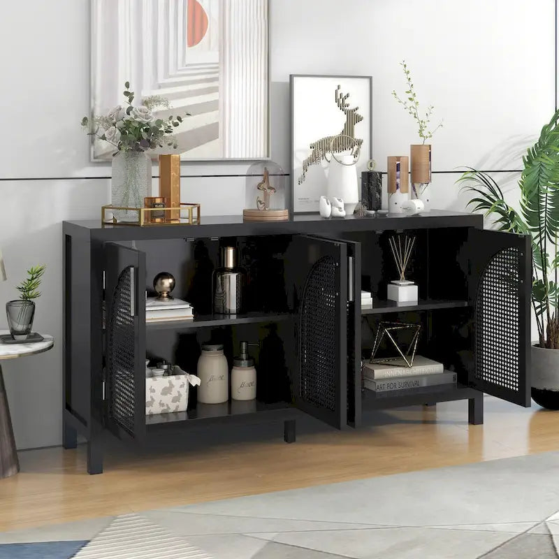 Buffet à 4 portes en rotin gris/blanc/noir