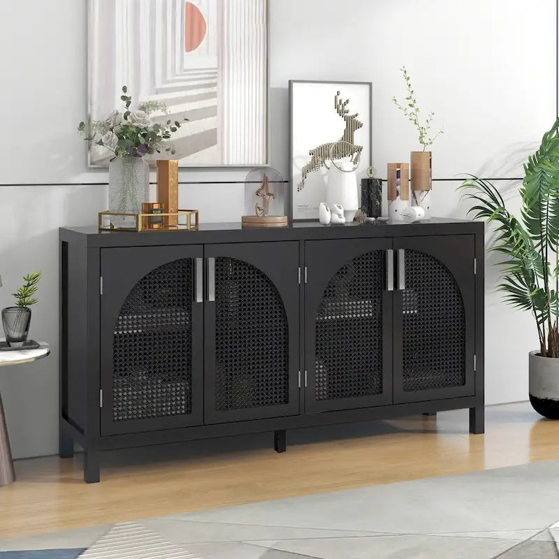 Buffet à 4 portes en rotin gris/blanc/noir