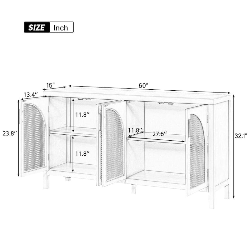 Buffet à 4 portes en rotin gris/blanc/noir