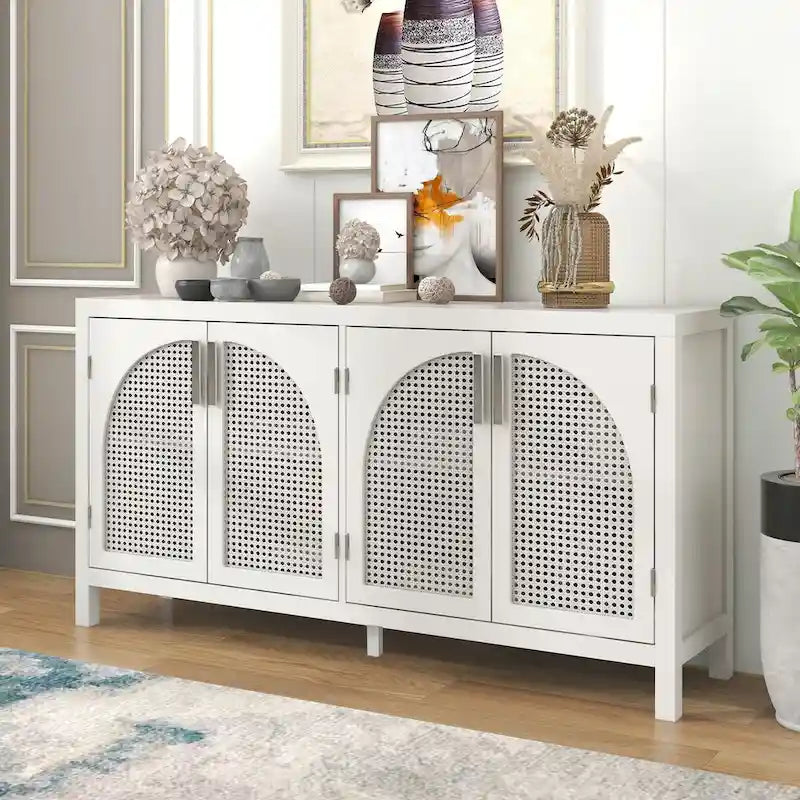 Buffet à 4 portes en rotin gris/blanc/noir