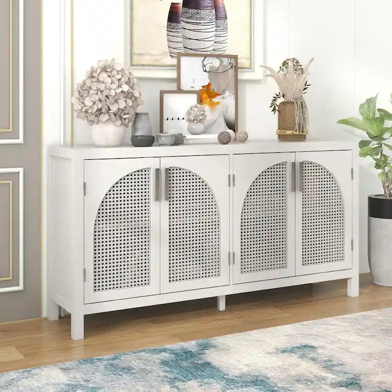 Buffet à 4 portes en rotin gris/blanc/noir