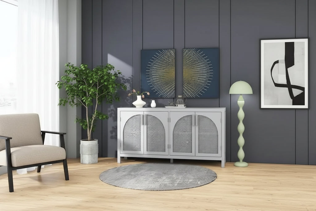 Buffet à 4 portes en rotin gris/blanc/noir