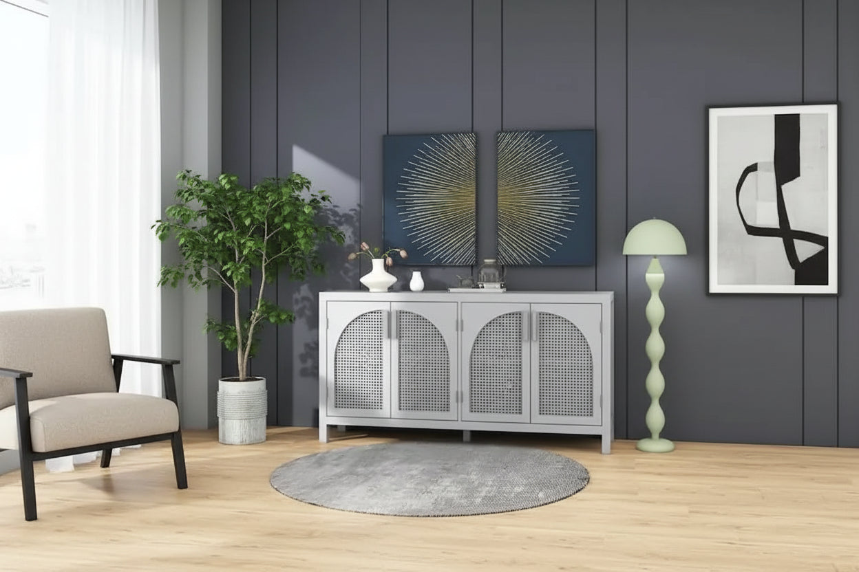 Buffet à 4 portes en rotin gris/blanc/noir