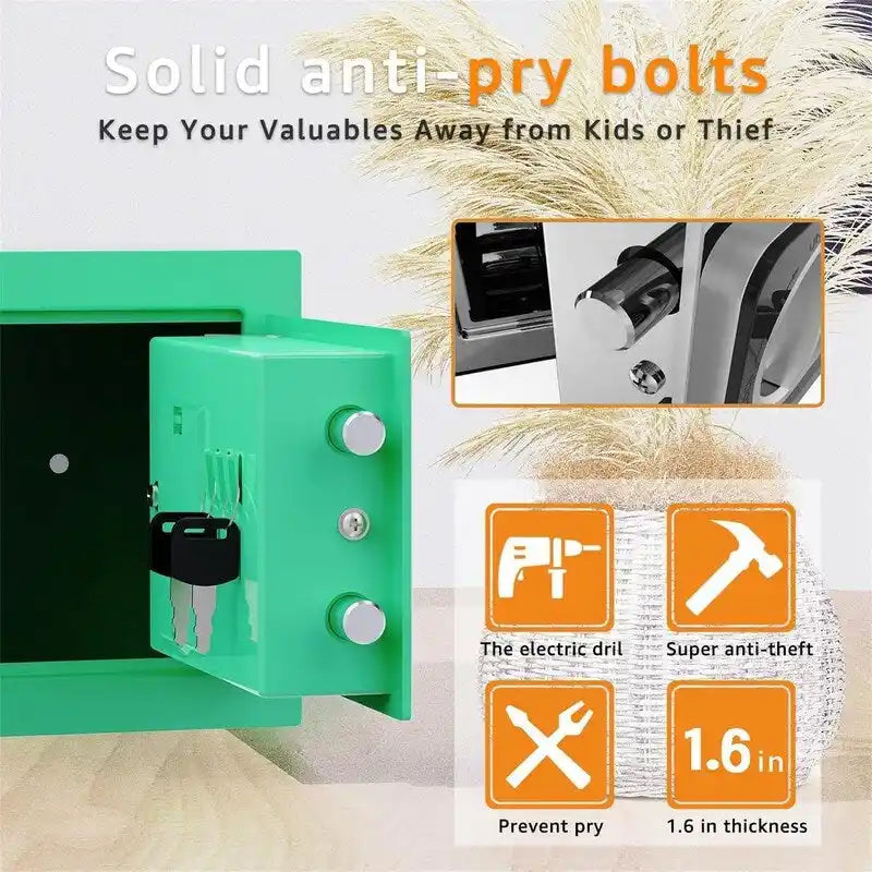 Coffre-fort électronique en acier noir/vert/bleu/rose avec clavier, clés d'urgence et boulons de fixation