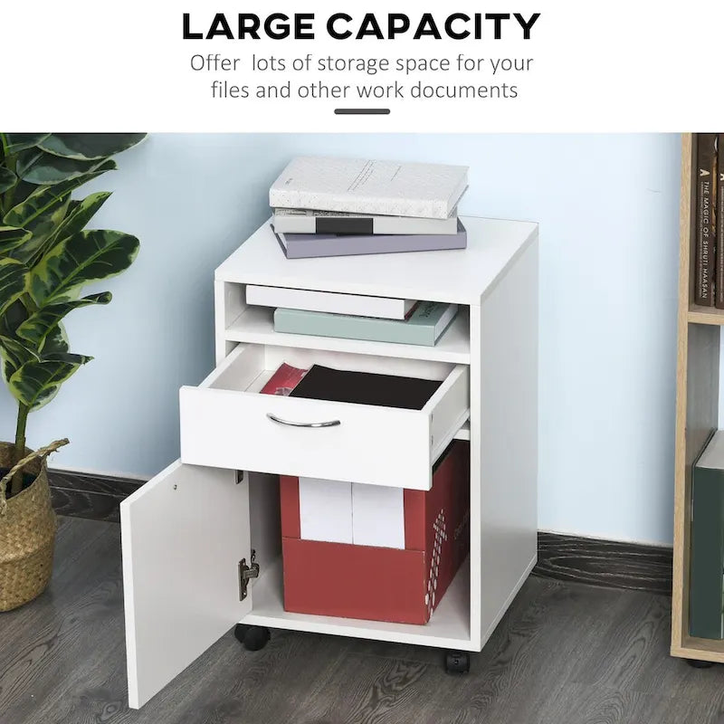 Meuble de rangement mobile moderne avec 1 étagère, 1 tiroir et 1 placard, support d'imprimante à roulettes