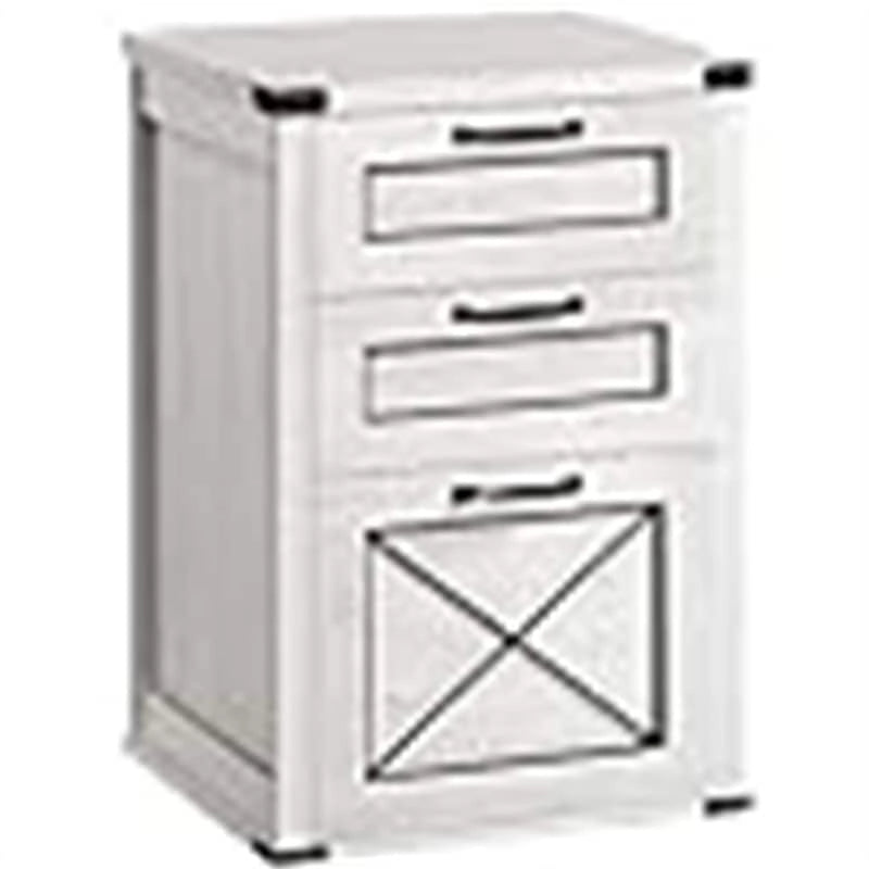 Classeur en aggloméré rustique miel/blanc style ferme avec 3 tiroirs et portes coulissantes