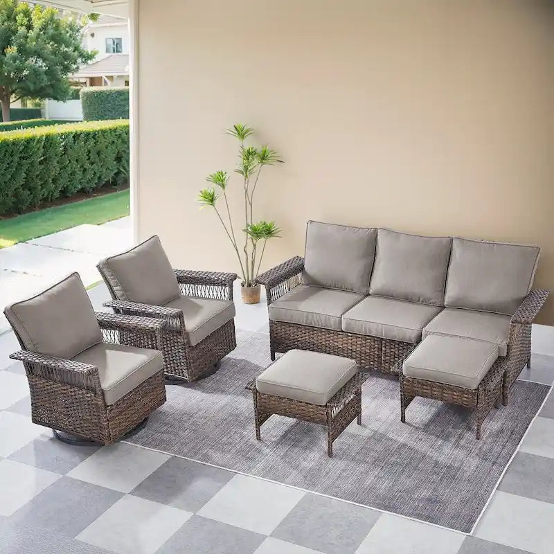 Gymojoy Ensemble de 5 pièces pour patio extérieur en osier avec fauteuils et pouf - Marron