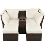 Canapé causeuse d'extérieur avec auvent pliable, coussins et porte-gobelets