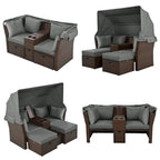 Canapé causeuse d'extérieur avec auvent pliable, coussins et porte-gobelets