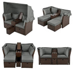 Canapé causeuse d'extérieur avec auvent pliable, coussins et porte-gobelets