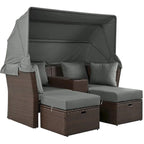 Canapé causeuse d'extérieur avec auvent pliable, coussins et porte-gobelets