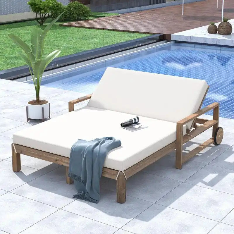 Bain de soleil extérieur en bois de style rustique pour 2 personnes, lit de repos d'extérieur