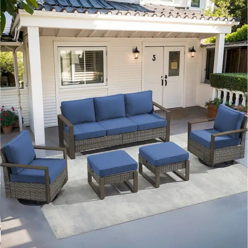 Canapé d'angle d'extérieur avec fauteuil pivotant, poufs - Gris