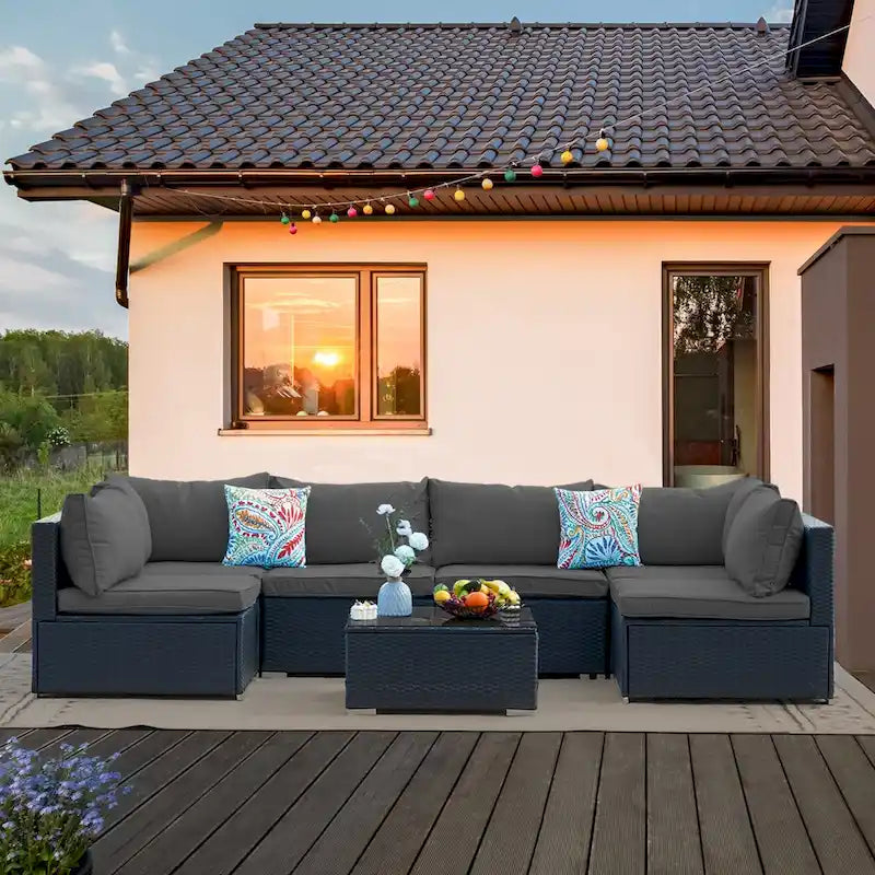 Canapé d'angle en rotin tressé 7 pièces pour l'extérieur, gris