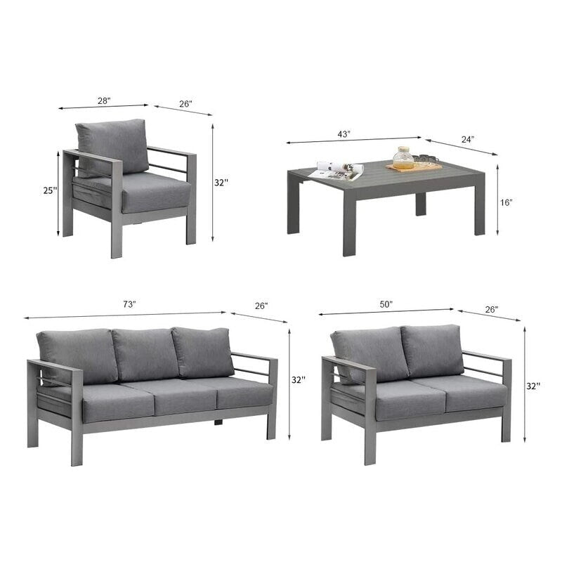 Ensemble de conversation 5 pièces en aluminium, canapé modulable moderne en métal gris avec coussins gris foncé - 73x26x32