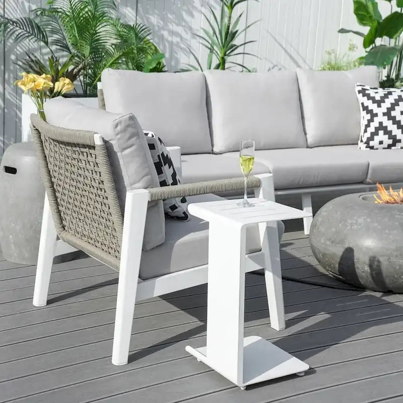 Ensemble de canapé de conversation de patio en aluminium 7 pièces avec table foyer ovale en ciment