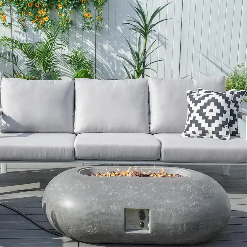 Ensemble de canapé de conversation de patio en aluminium 7 pièces avec table foyer ovale en ciment