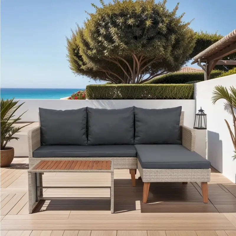 Ensemble de canapé 3 pièces en rotin tressé pour terrasse extérieure avec coussins gris foncé - 73.62X48.03