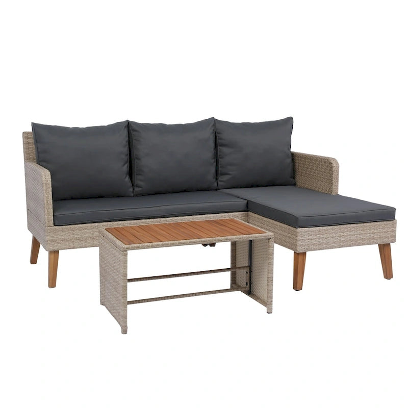Ensemble de canapé 3 pièces en rotin tressé pour terrasse extérieure avec coussins gris foncé - 73.62X48.03
