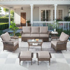 2 fauteuils club, 2 poufs, 1 canapé 3 places et 1 table basse - Marron