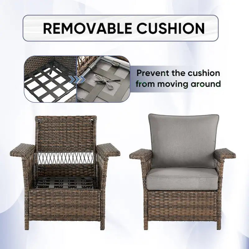 2 fauteuils club, 2 poufs, 1 canapé 3 places et 1 table basse - Marron