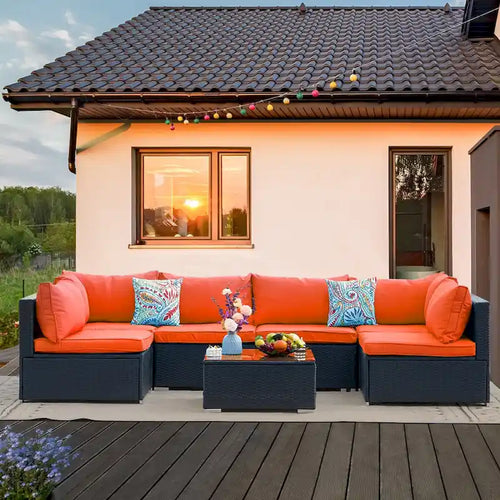 7 Pieces Outdoor Woven Rattan Sectional Sofa,Orange