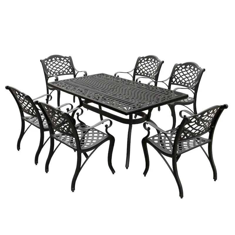 Modern Ornate Outdoor Mesh Aluminum 68-in Rectangular Patio Dining Set with Six Chairs - N/A