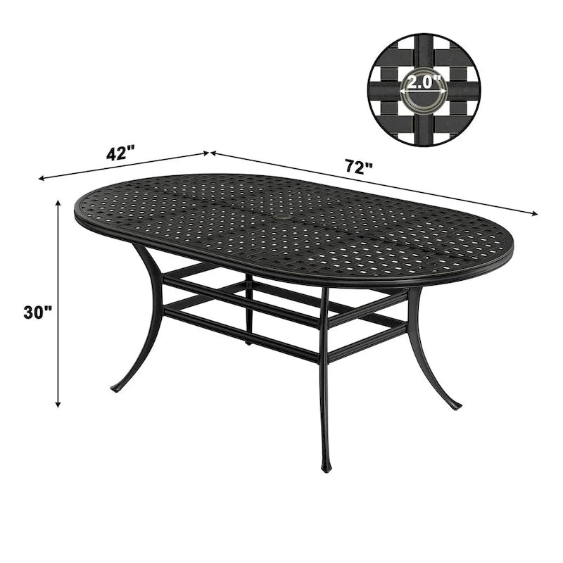 Table de salle à manger d'extérieur en aluminium moulé de 72 po, forme elliptique classique à treillis, avec trou pour parasol