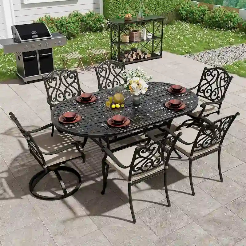 Table de salle à manger d'extérieur en aluminium moulé de 72 po, forme elliptique classique à treillis, avec trou pour parasol