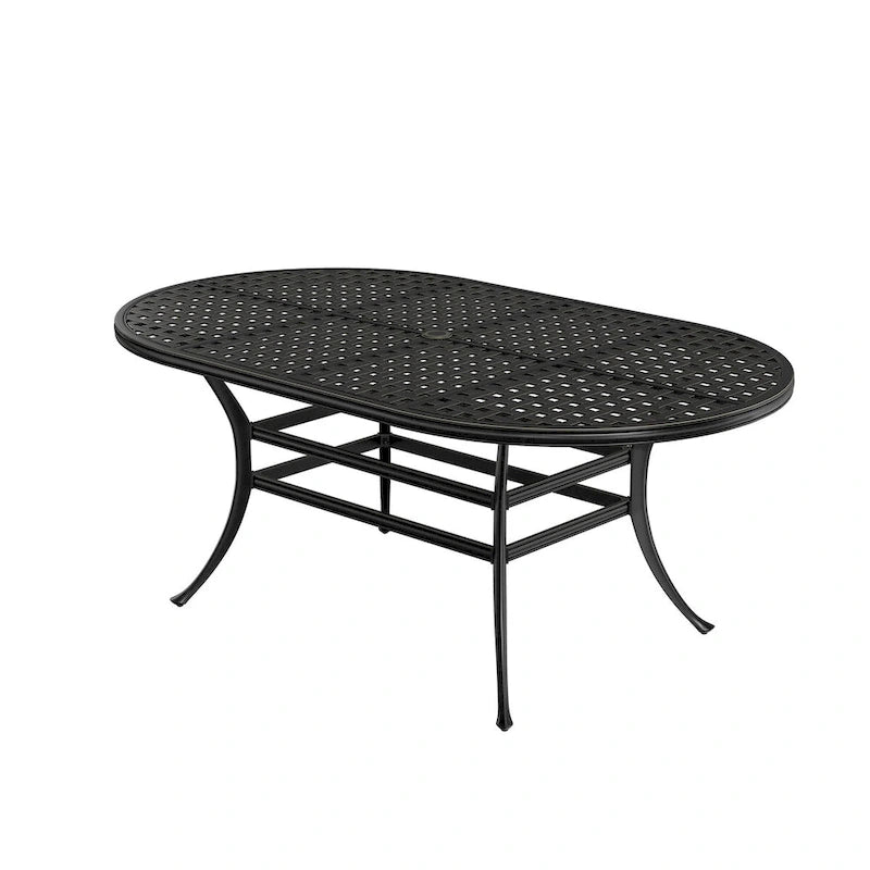 Table de salle à manger d'extérieur en aluminium moulé de 72 po, forme elliptique classique à treillis, avec trou pour parasol
