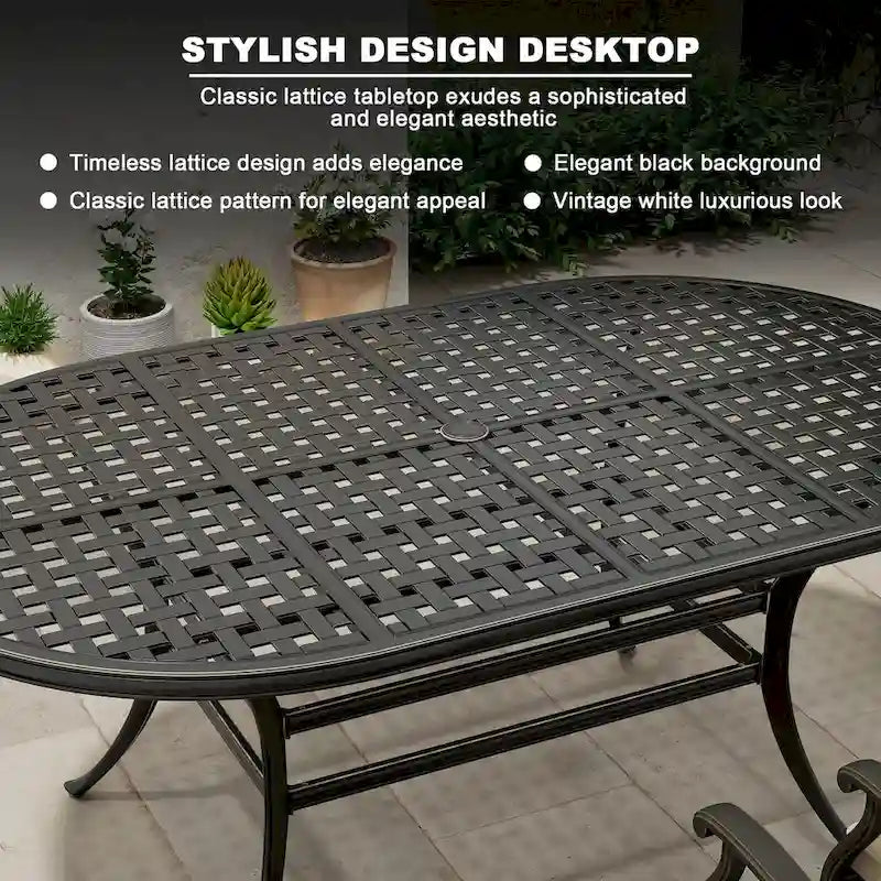 Table de salle à manger d'extérieur en aluminium moulé de 72 po, forme elliptique classique à treillis, avec trou pour parasol