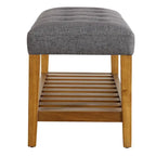 Banc rembourré en tissu gris et chêne avec étagère inférieure