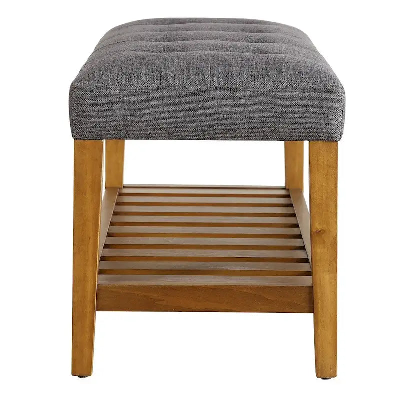 Banc rembourré en tissu gris et chêne avec étagère inférieure