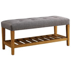 Banc rembourré en tissu gris et chêne avec étagère inférieure