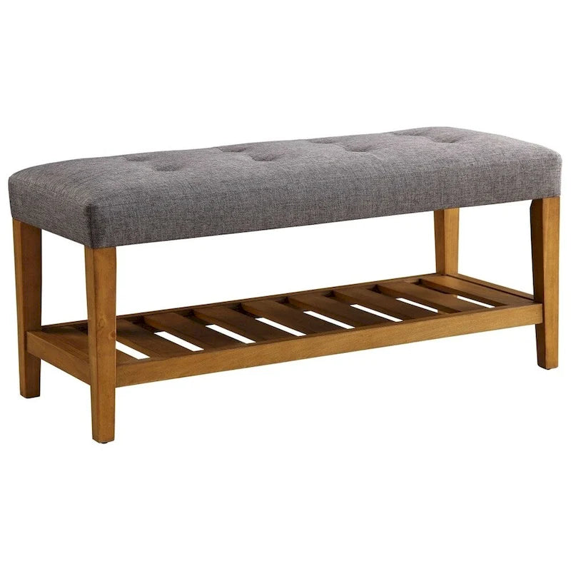 Banc rembourré en tissu gris et chêne avec étagère inférieure